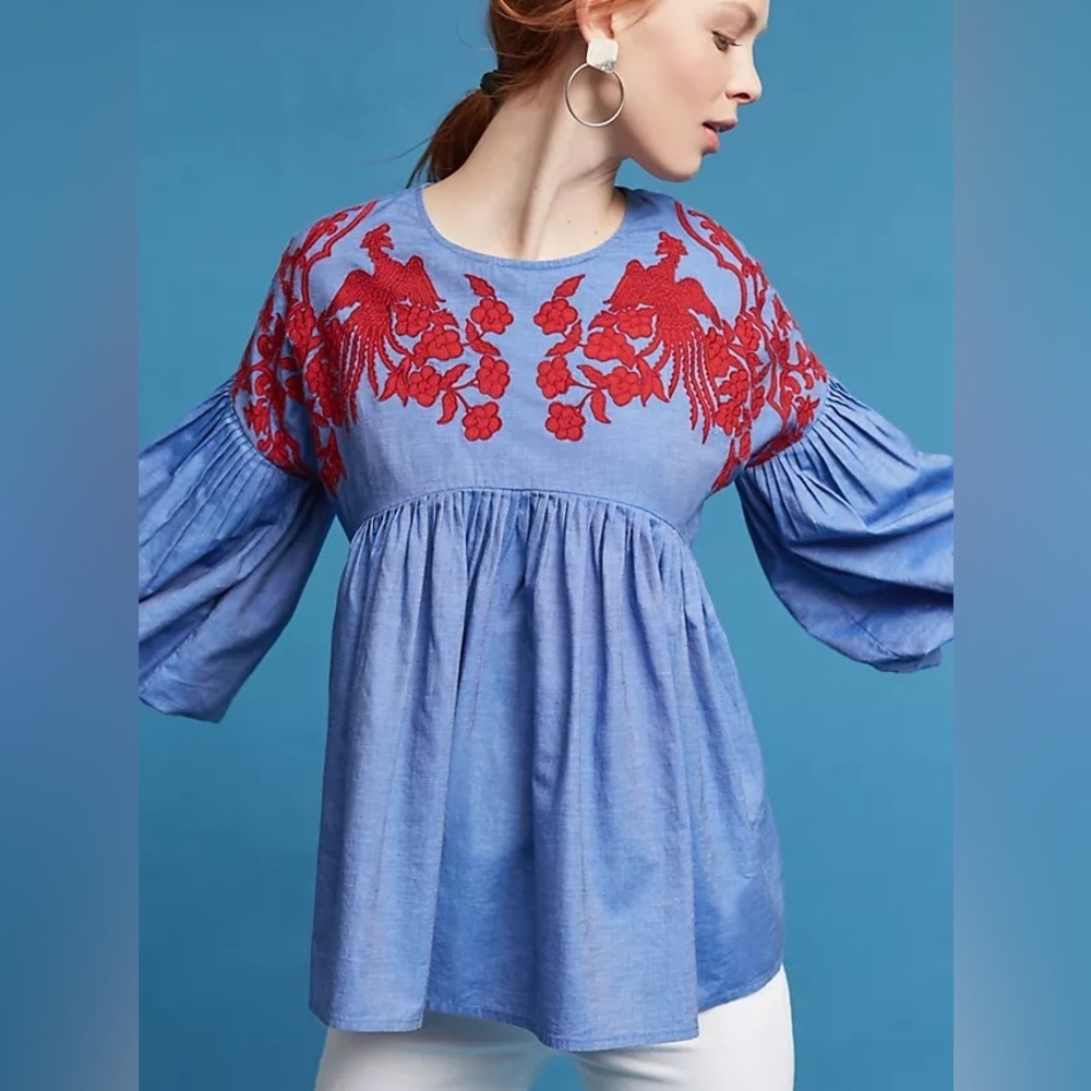 Hemant & Nandita Lianna Bubble Sleeve Embroidered Top Red Blue XS